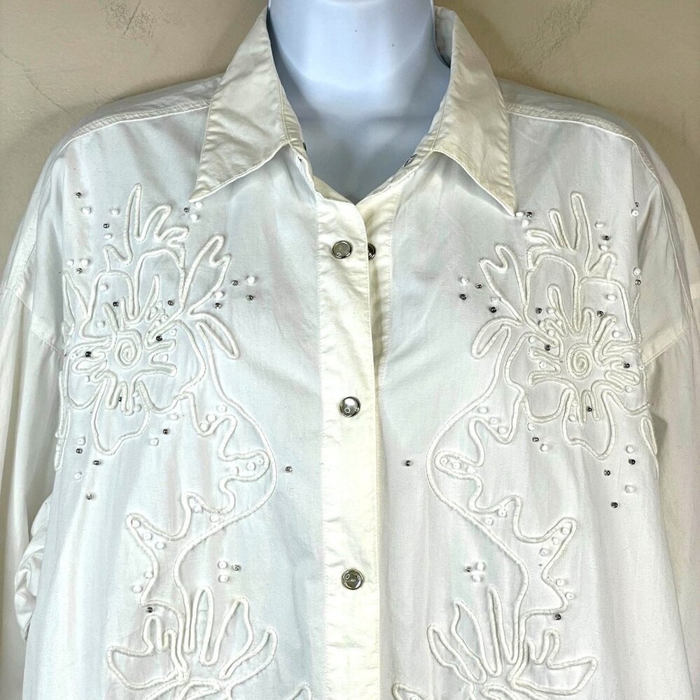 Carole Little Pearl Snap Western Shirt Top 12 Vintage‎ Cowgirl Embroidered Crisp